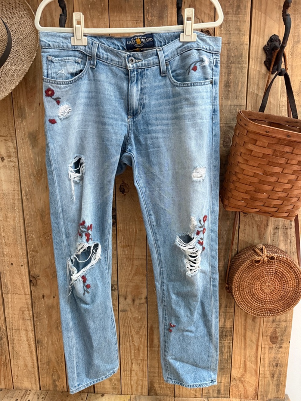 Lucky Brand Light Blue Straight-Leg Jeans with Red Floral Embroidery